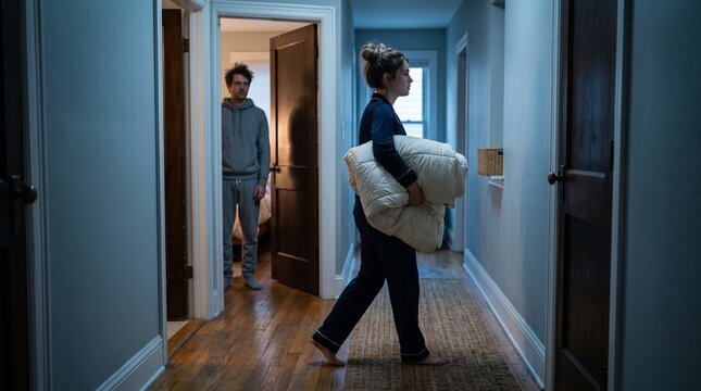 Pajama roommate smuggles bedding through the hallway