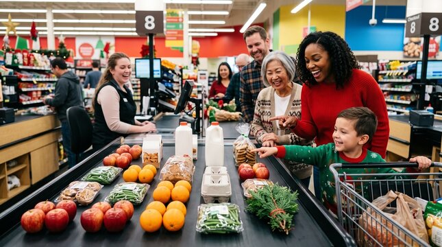 Holiday groceries form a playful checkout bingo