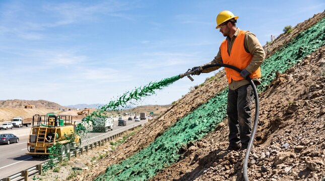 Landscaper sprays hydroseed slurry across a steep slope