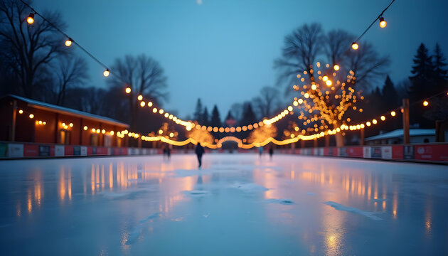 Outdoor Ice Skating Rink at Twilight with String Lights