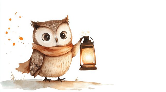 watercolor cartoon owl holding a lantern, white background