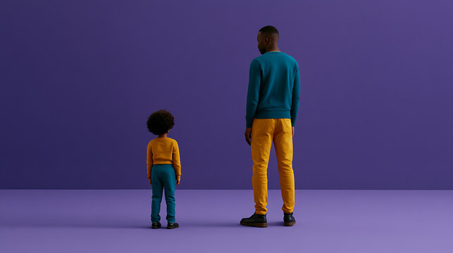 A father and child stand together, facing a vibrant purple background in a minimalist studio setting, portraying strong family bonds