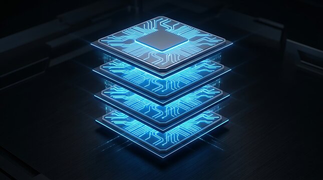 Stacked electronic computer chip processor with glowing blue circuit board lines on a dark background
