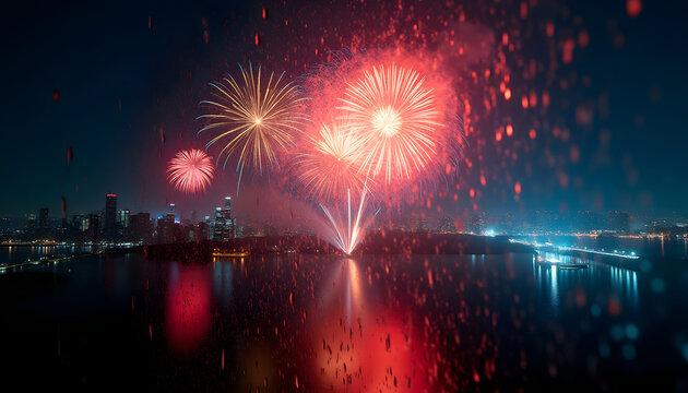 Fireworks Over City Skyline at Night