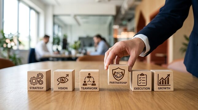 Business person hand placing wooden block with partnership icon in a row of professional strategy and growth concepts
