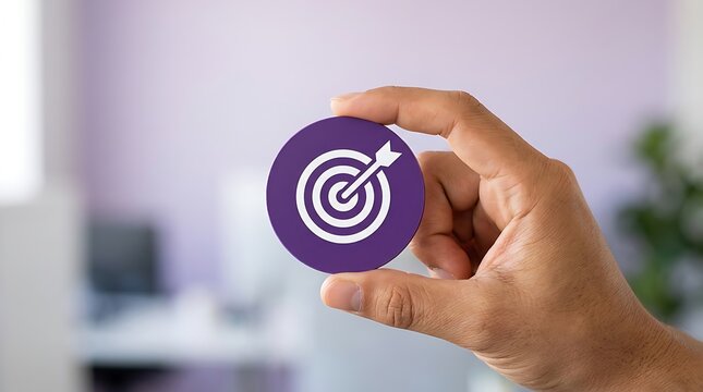 Person holding a purple circular icon with a white target symbol representing success and business strategy goals