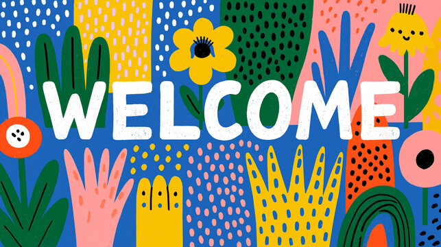 Colorful welcome sign with playful floral and abstract designs.