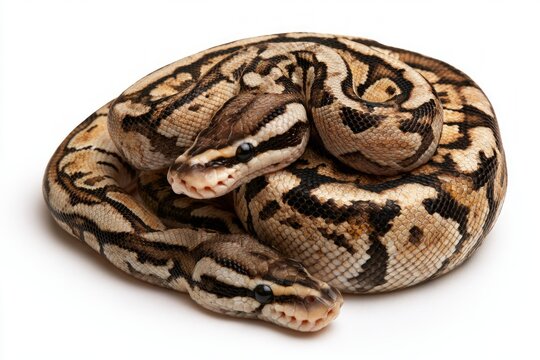 Two Ball Pythons Coiled on White Background