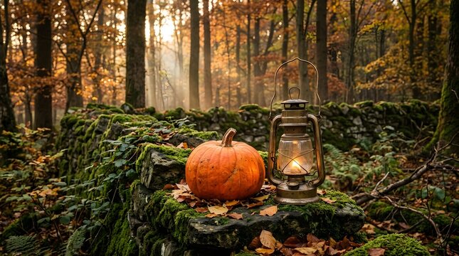 Pumpkin and vintage lantern on mossy stone wall
