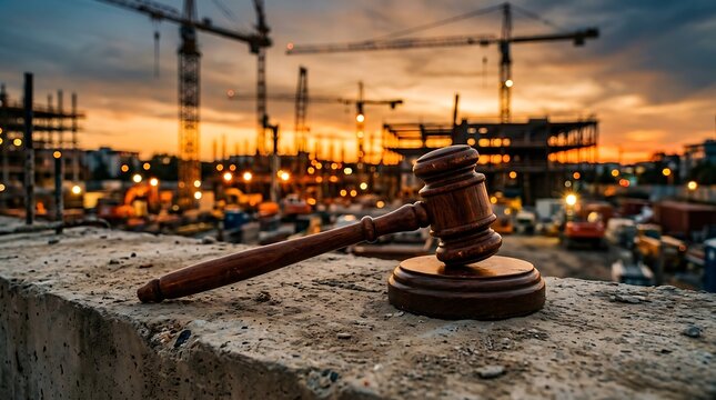 Wooden judge gavel resting on a concrete surface in front of a busy construction site at sunset