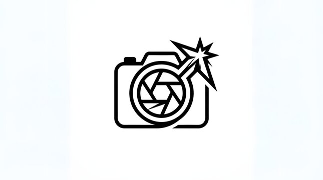 Minimalist camera line art icon with shutter lens and flash starburst, creative photography logo