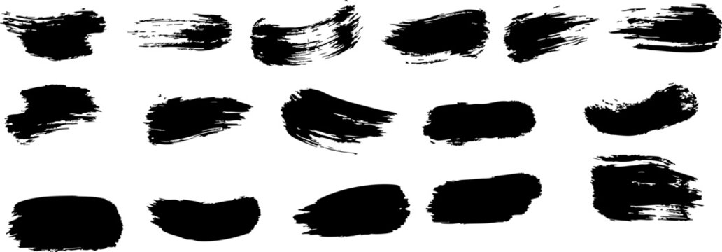 Sixteen Distinct Black Brush Stroke Textures for Creative Design and Artistic Backgrounds