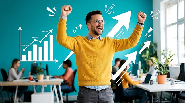 Happy businessman celebrating success with arms raised in office with growth chart and rising arrow graphics
