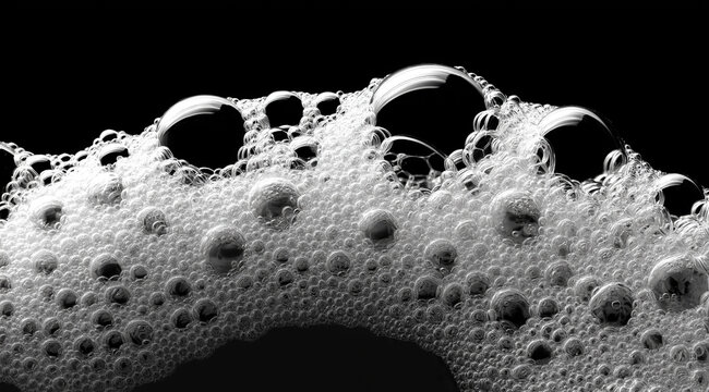 White soap bubbles and foam create a detailed macro pattern against a dark black background.