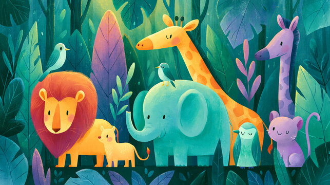 Colorful animated jungle animals including a lion, elephant, and giraffe.