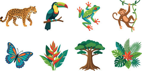 Fototapeta premium Tropical Jungle Animals and Exotic Plants Vector Illustration Collection