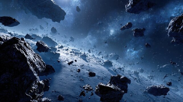 Cosmic Debris Field of Shattered Asteroids Drifting in Deep Space Nebula