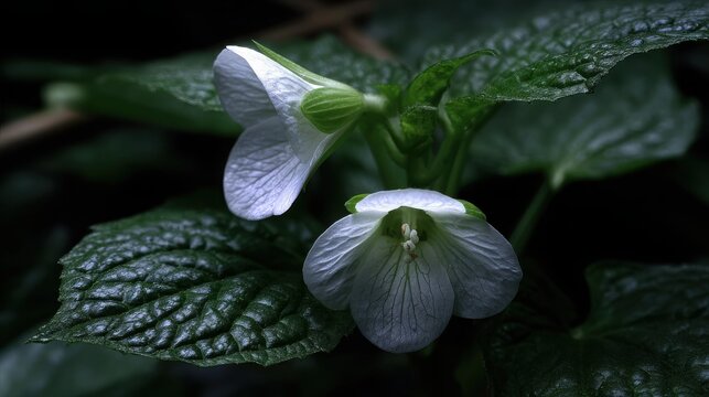 Delicate white wild ginger flowers with translucent petals blooming amidst lush green leaves in natural setting