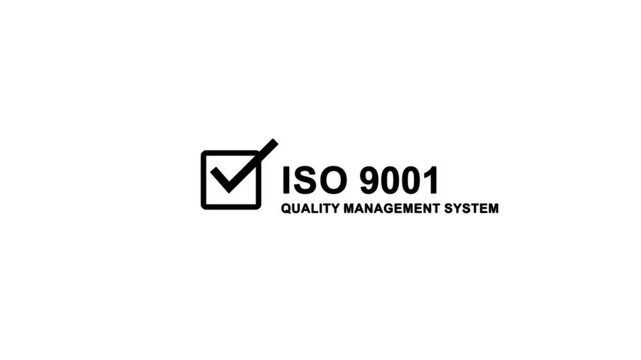 Minimal ISO 9001 Quality Management System certification banner featuring a white checkmark inside a square icon with bold ISO 9001 text on a black background. 4k