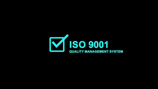 Minimal ISO 9001 Quality Management System certification banner featuring a white checkmark inside a square icon with bold ISO 9001 text on a black background. 4k