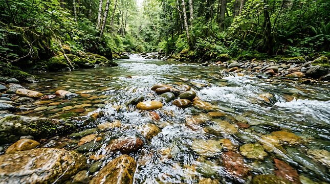 Clear cold water flowing over colorful rocks in a lush green forest with sunlight filtering through the trees