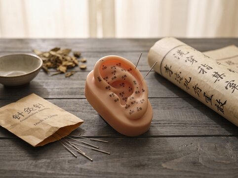 Acupuncture ear model on a wooden table with needles and traditional charts