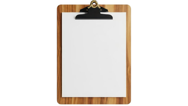 Wooden clipboard with a blank white paper sheet for notes and office work tasks