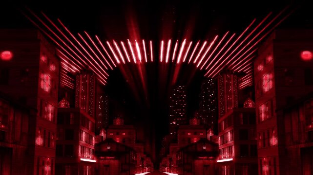 Cyberpunk Street with Red Laser Beams Radiating Across Night City