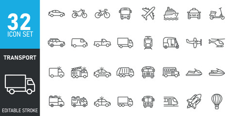 A comprehensive collection of thirty two transportation themed line icons in editable stroke style for professional web and mobile application design © MSTPIARA