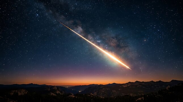 Bright shooting star falling across the dark night sky above the mountains at sunset
