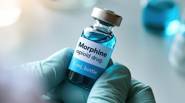 Morphine medical bottle of pain medication of opiate family which acts on CNS and used for acute and chronic pain in myocardial infarction kidney stones and during labor