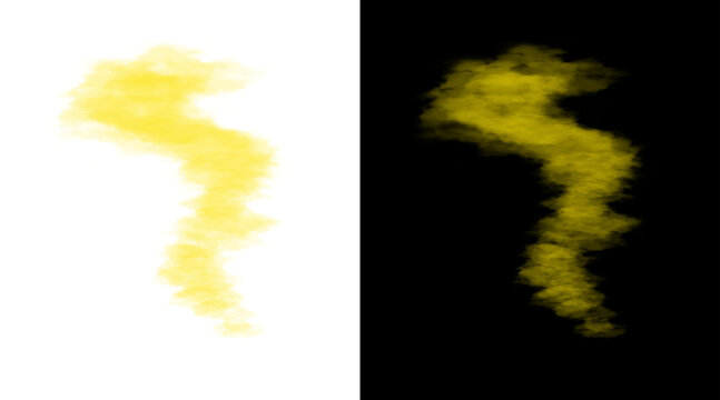Yellow smoke trail illustration, toxic gas cloud on black and white background, mustard colored vapor mist effect for design