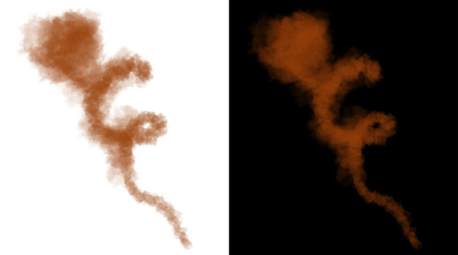 Brown smoke trail illustration, swirling dust cloud on white and black backgrounds, coffee steam vapor effect for design