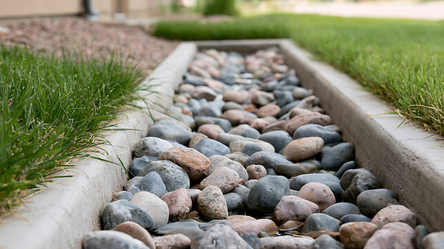 Modern landscape drainage system with smooth river rocks and concrete border in a residential backyard garden with green lawn and gravel