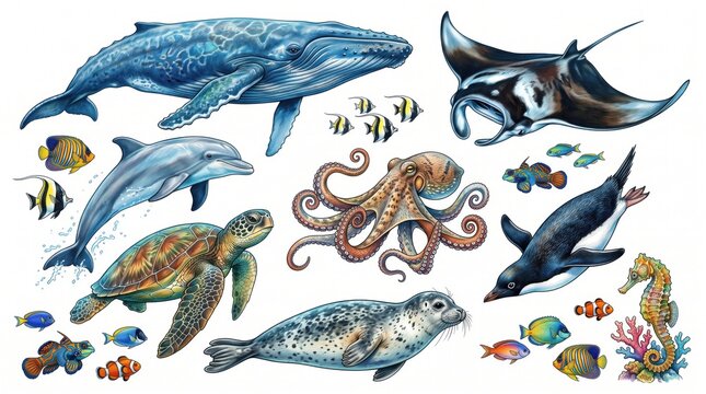 Ocean wildlife set with humpback whale, blue whale, great white shark, sea turtle, octopus, and manta ray for marine educational chart, aquarium poster, and vector design.