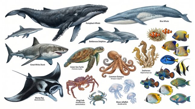 Ocean wildlife set with humpback whale, blue whale, great white shark, sea turtle, octopus, and manta ray for marine educational chart, aquarium poster, and vector design.