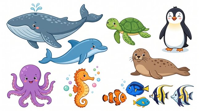 Ocean wildlife set with humpback whale, blue whale, great white shark, sea turtle, octopus, and manta ray for marine educational chart, aquarium poster, and vector design.