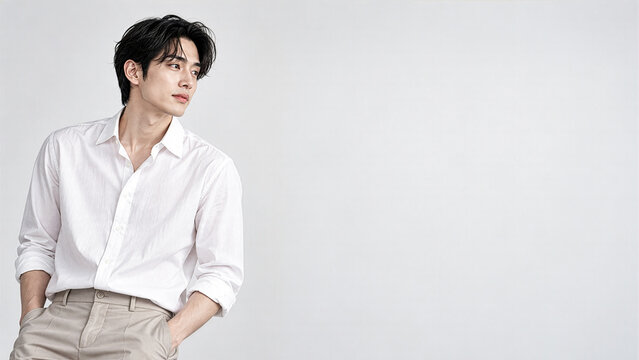 밝은 미니멀 스튜디오에서 흰 셔츠를 입은 젊은 남성이 화면 한쪽에 서서 옆을 바라보고, 반대편에 넓은 여백을 둔 광고용 인물 이미지