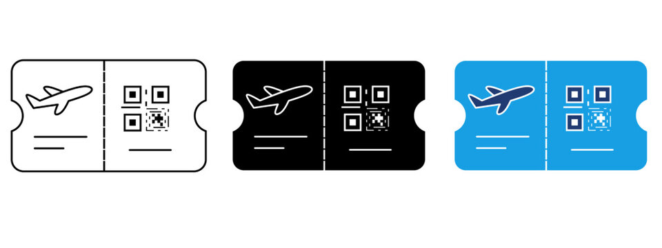 Boarding pass icon set with airplane and QR code. Symbol of flight ticket, airline ticket, airport check-in, pass verification, travel document, booking, and digital boarding pass.