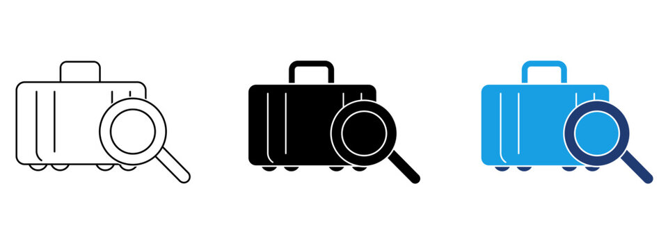 Luggage search icon with suitcase and magnifying glass. Symbol of baggage inspection, lost luggage tracking, airport security, luggage review, luggage check, travel research, and baggage claim.