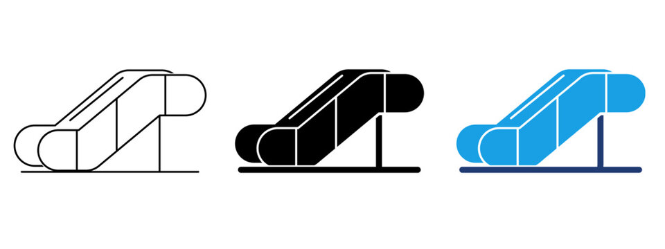 Escalator icon set in outline, solid glyph, and duotone colored styles. Symbol of public transport, mall elevator, moving stairs, modern building architecture, navigation, and wayfinding.