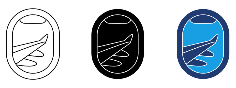 Airplane window icon set with plane wing view. Symbol of air travel, flight view, aviation, passenger window, tourism, airplane trip, sky view, airplane travel, and vacation.