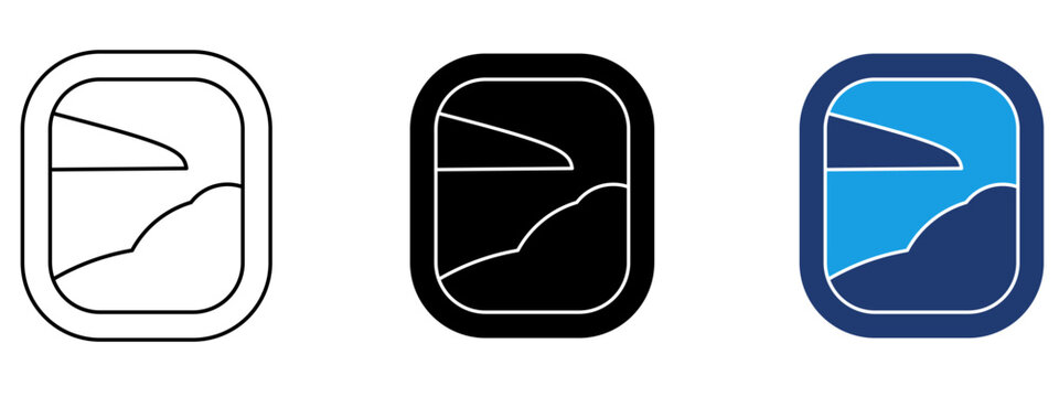 Airplane window icon set with mountain landscape view. Symbol of air travel, scenic flight, aviation, window seat view, flight journey, mountain view, tourism, vacation, and travel.