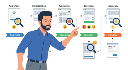 Obraz premium Customer journey funnel workflow showing awareness stage with smiling male character