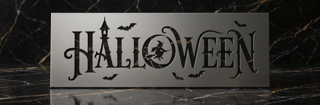 Decorative sign reading &ldquo;HALLOWEEN&rdquo; in gothic lettering with a witch silhouette, bats, and a pointed tower integrated into the first letter, set on a reflective surface