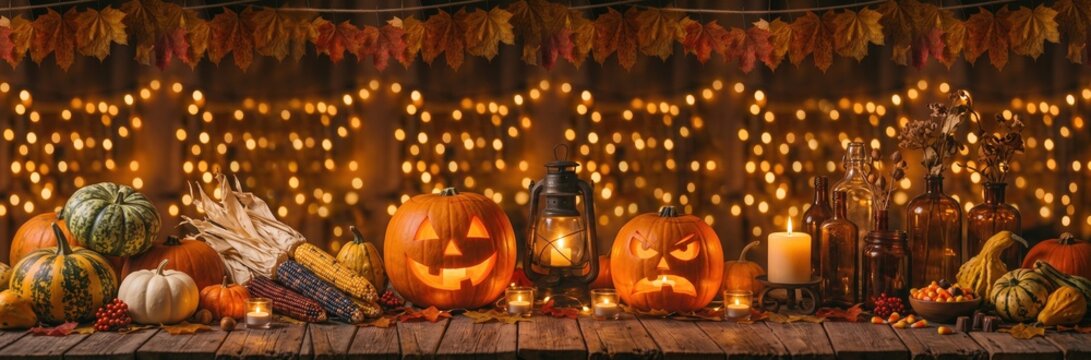 Autumn still life with carved Halloween pumpkin lanterns, candles, vintage lantern, corn and gourds on wooden table, warm fairy lights and fall leaves for holiday decor