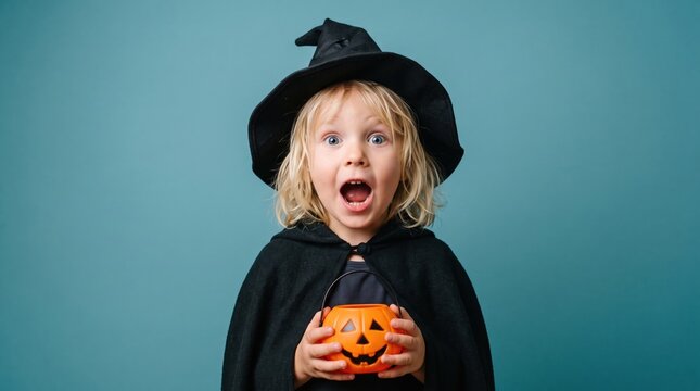 Surprised child in witch hat and black cape holding a pumpkin-shaped bucket with a jack-o'-lantern face, mouth open in excitement on Halloween.