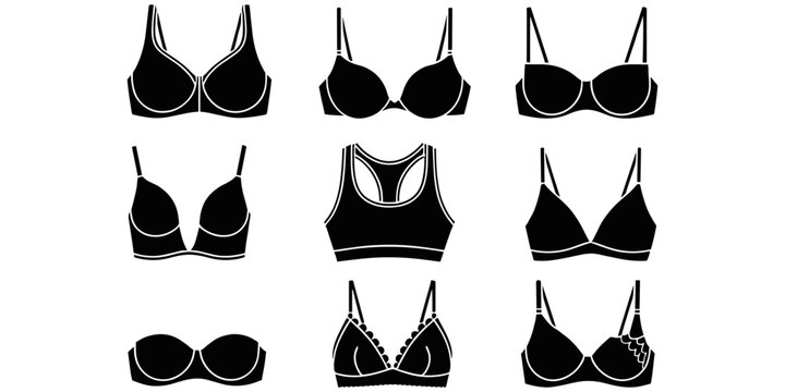 A collection of nine different black bra silhouettes arranged in a grid on a solid white background