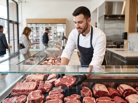 Smiling butcher in apron and glove arranging fresh raw beef steaks in a glass display case at a modern meat shop, with customers browsing and stainless kitchen equipment behind