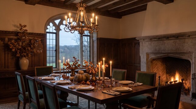 Gothic dining room arranged for a Halloween-inspired dinner with a long table, candles, dark wood furniture, and a warm fireplace atmosphere.